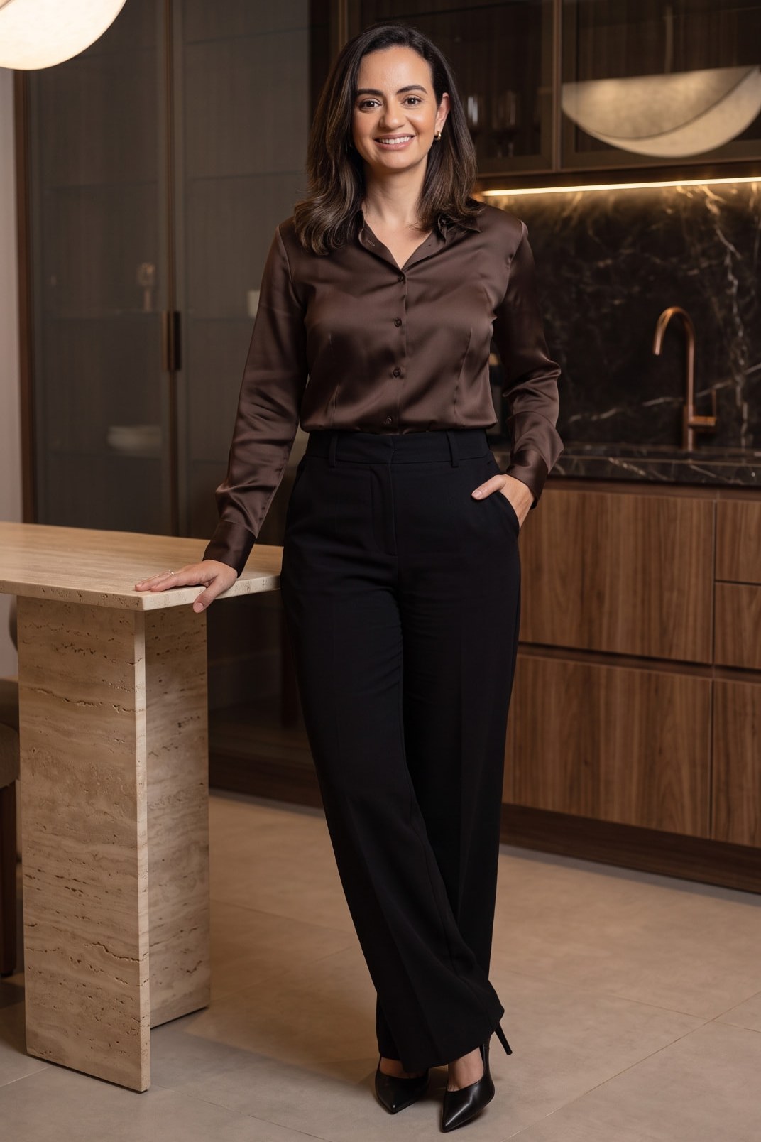 Tamy Favarin em pé, camisa de seda marrom e calça alfaiataria preta